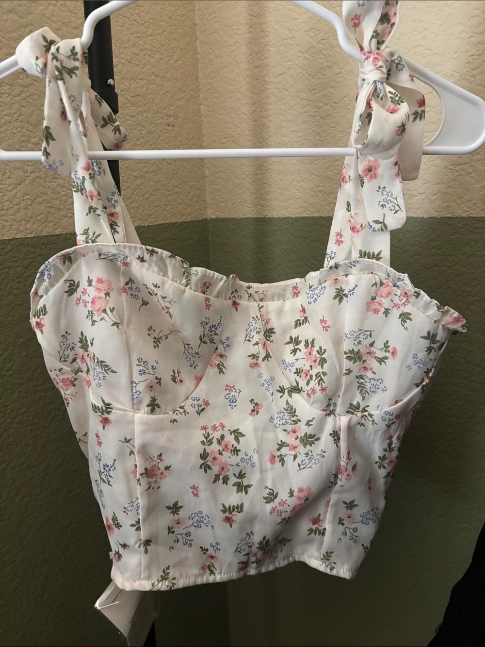 Floral Tie-Strap Bustier Camisole in White with Pink Floral